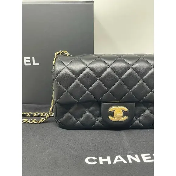 CHANEL 22S Black Mini Rectangle Pearl Crush Braid Gold Ball Flap Bag Unused - Picture 3 of 16